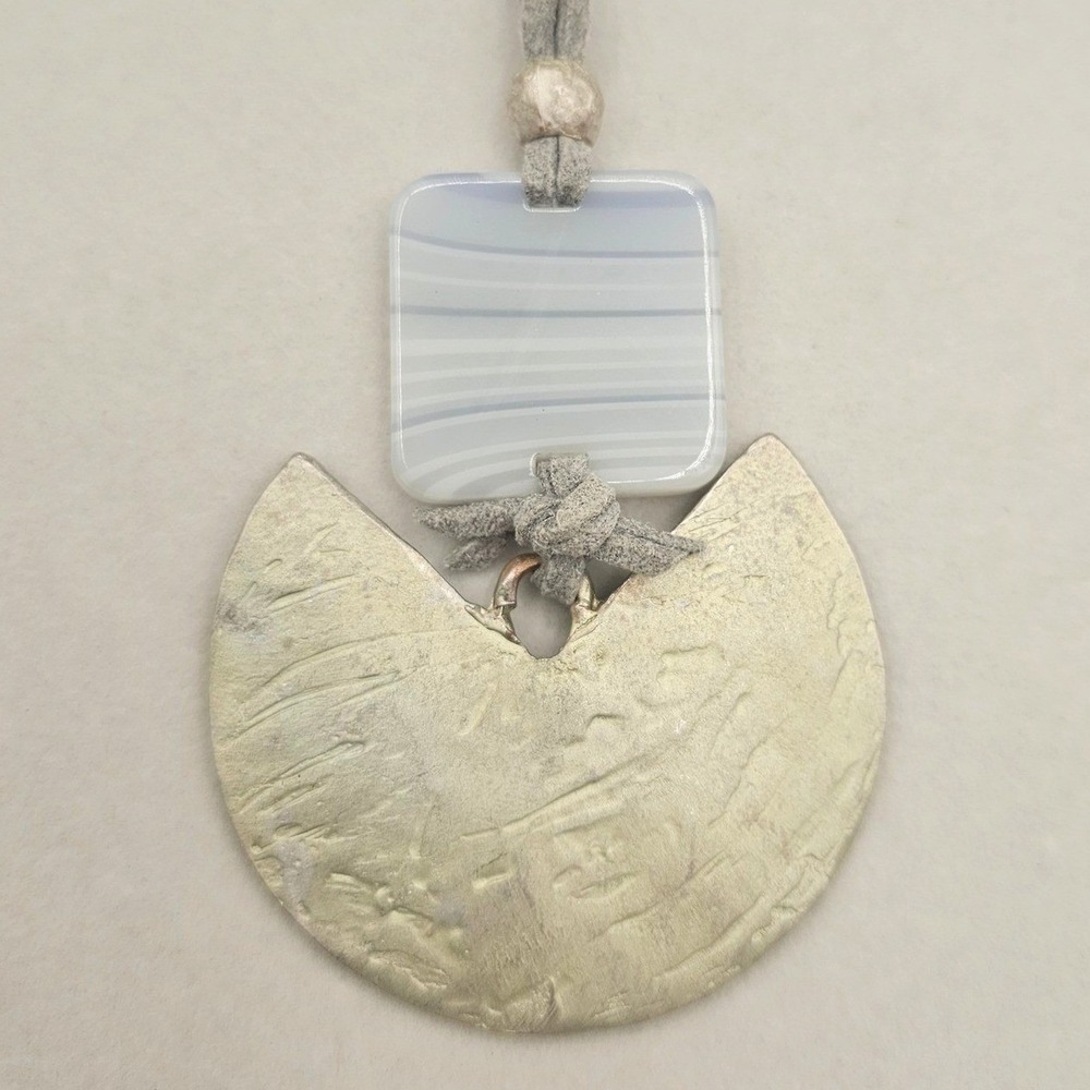 Handmade‎ Pendant Necklace Gray Glass Metal Suede Cord Geometric Boho